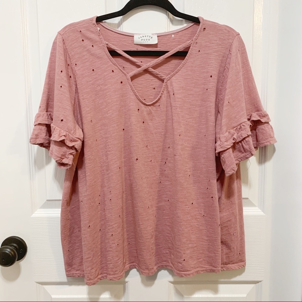 Janette Plus Distressed Blouse in Dusty Rose